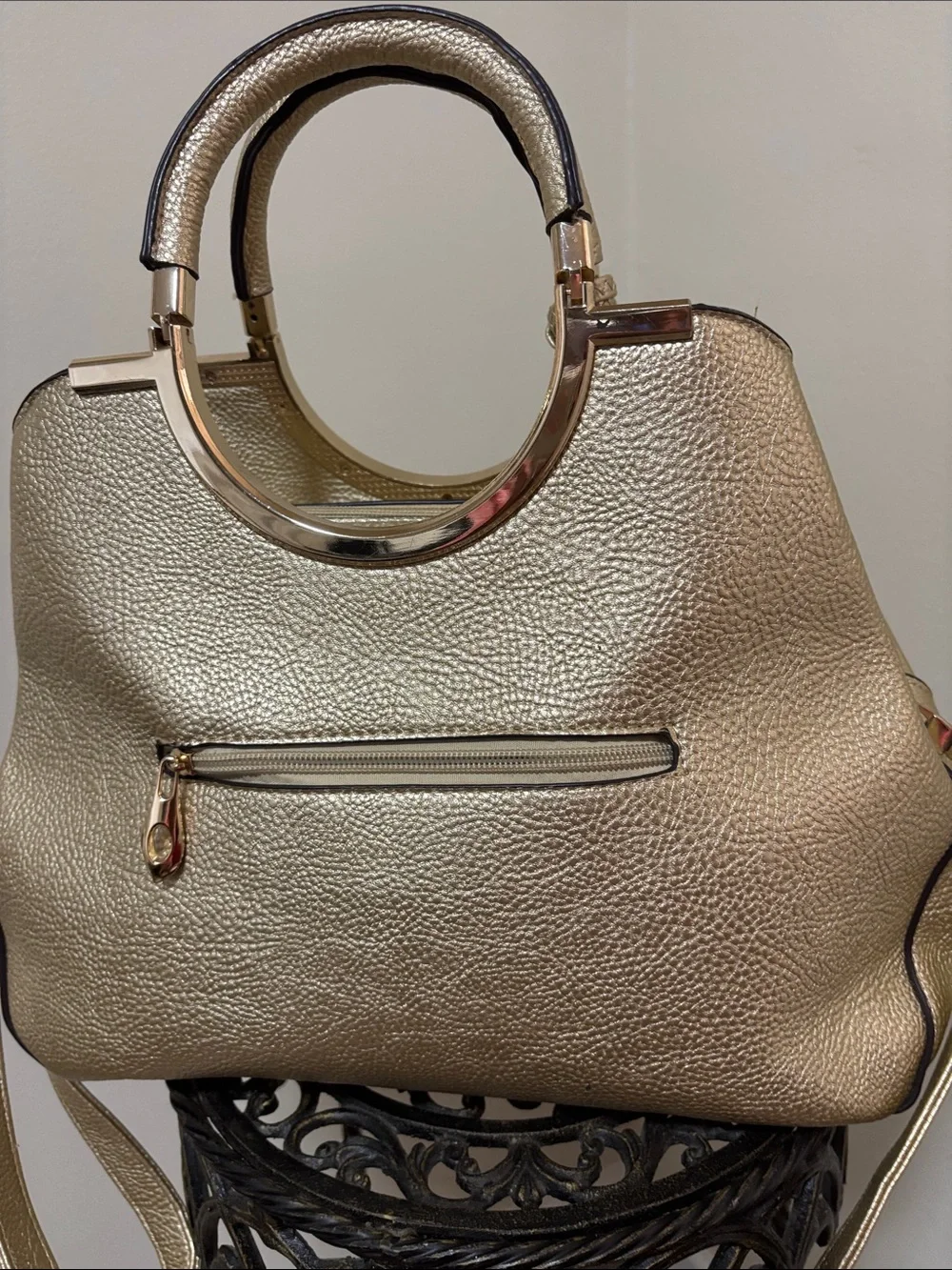 Gold Floral Embossed Top-Handle Tote